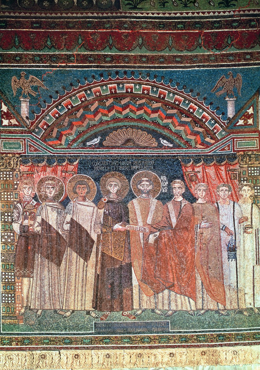 Konstantin IV (654-85) beviljar biskop Reparatus privilegier för kyrkan i Ravenna, 671-77 (mosaik) av Byzantine School