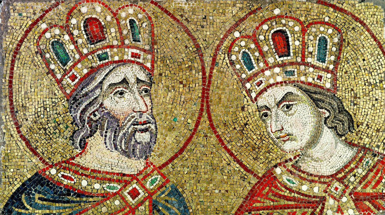 Konstantin den store (270-337) och Sankta Helena (mosaik) av Byzantine School
