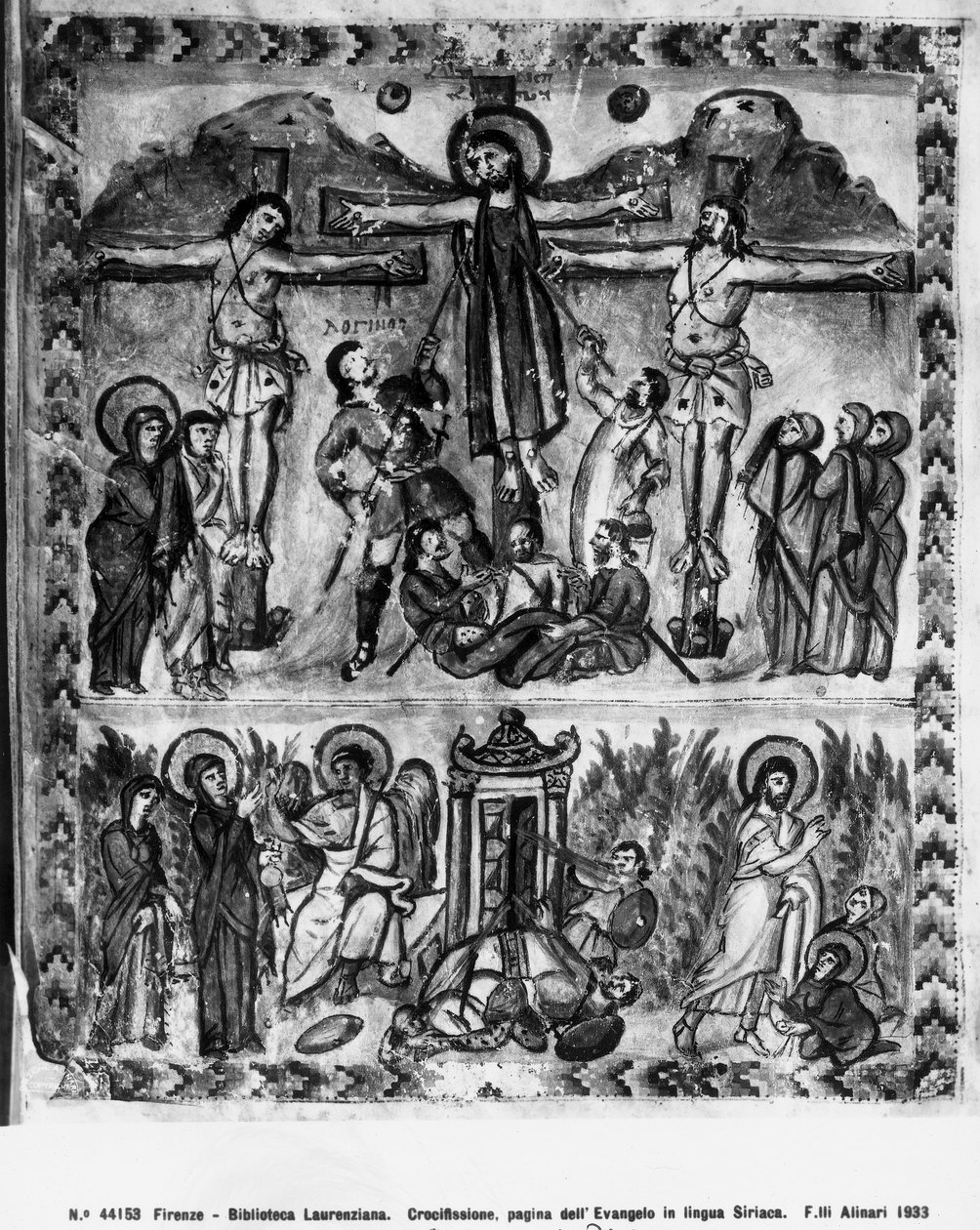 Crucifixion and the Resurrection, från Rabula-evangelierna, 586 e.Kr av Byzantine School