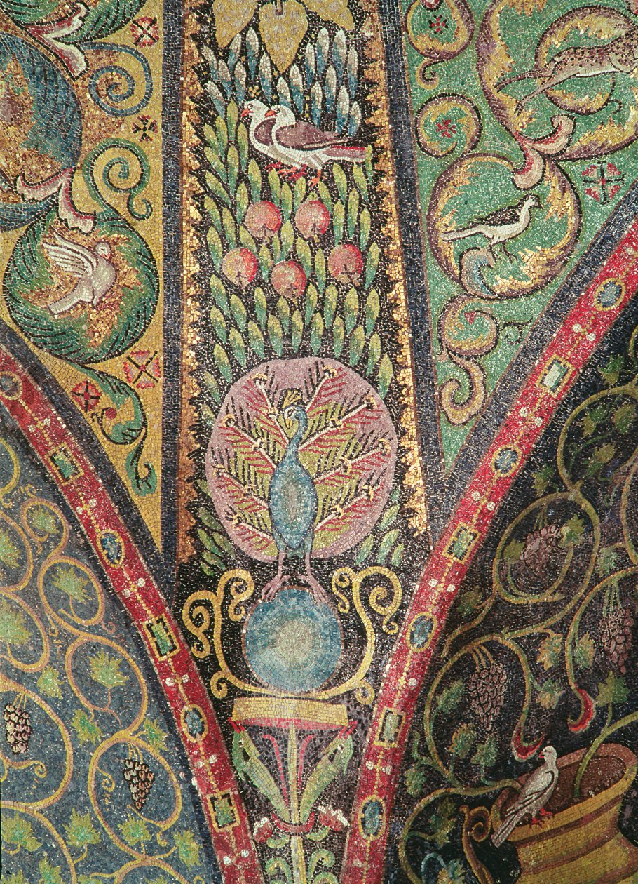 Detalj från valvet föreställande fåglar och en påfågel (mosaik) av Byzantine School