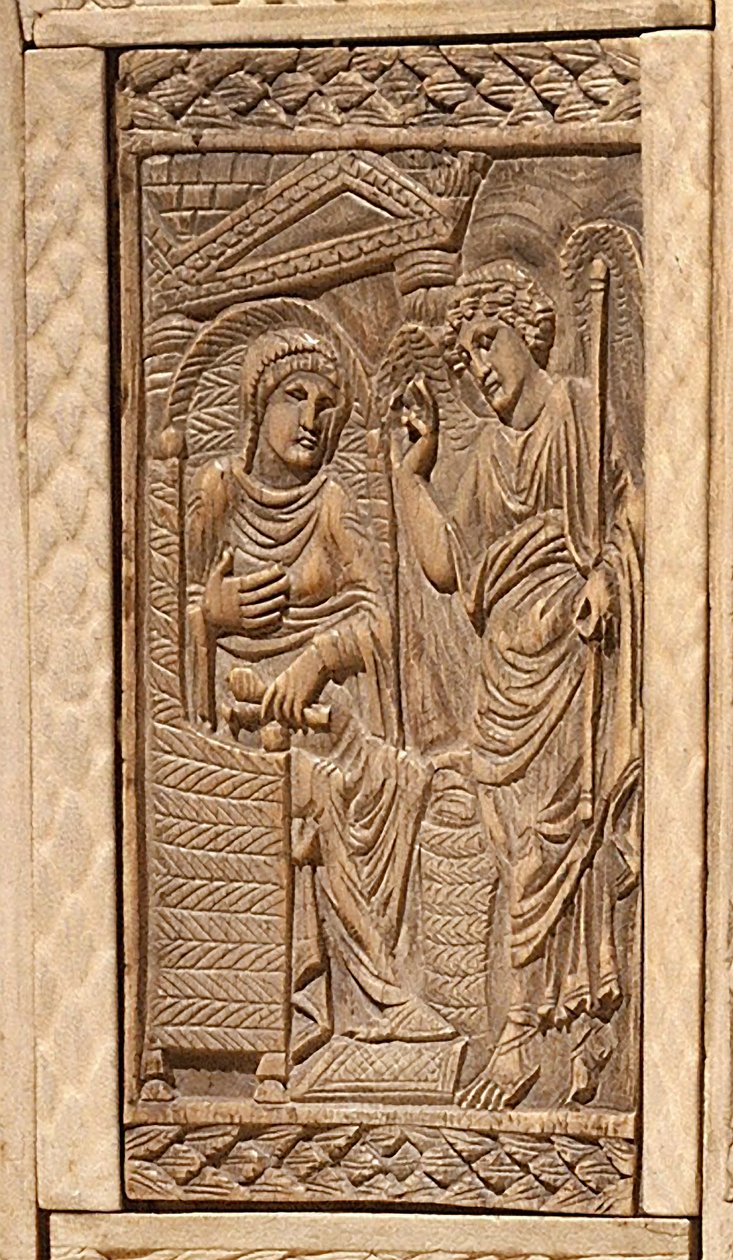 Detalj av bebådelsen, från biskop Maximianus ordförande (inlagt trä och elfenben) av Byzantine School