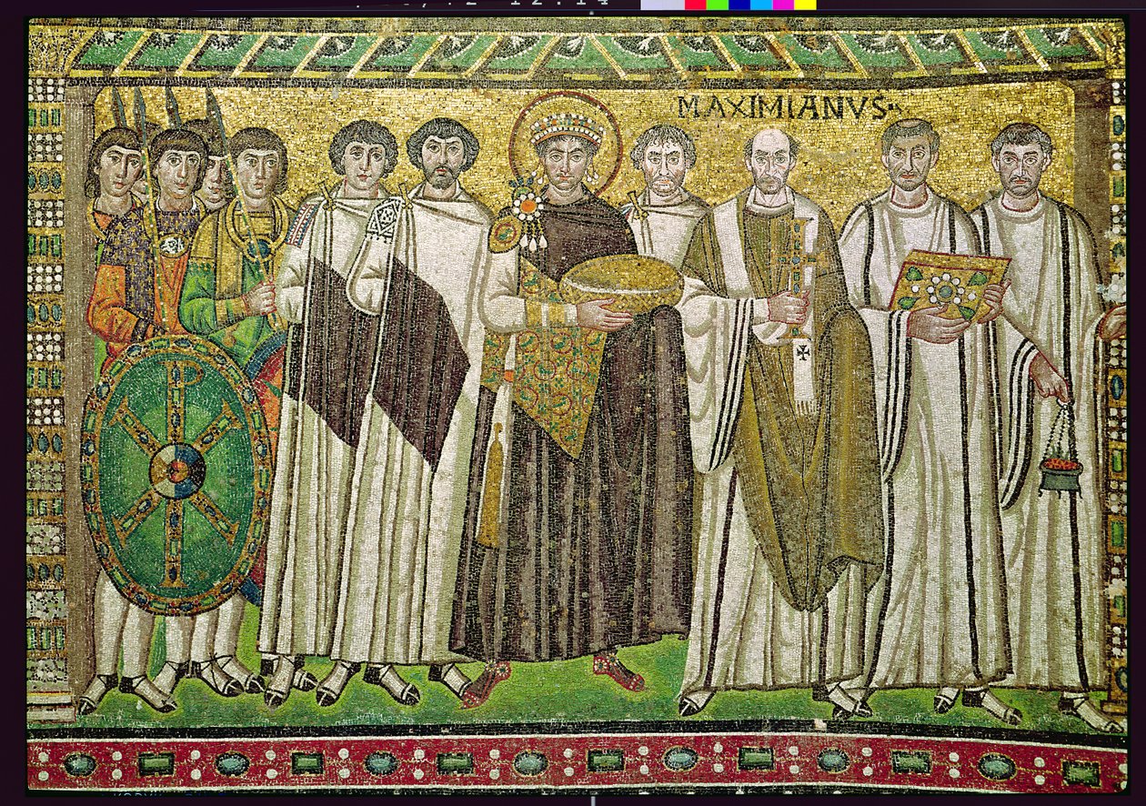 Kejsar Justinian I och hans följe av tjänstemän, vakter och präster, c.547 AD (mosaik) av Byzantine School