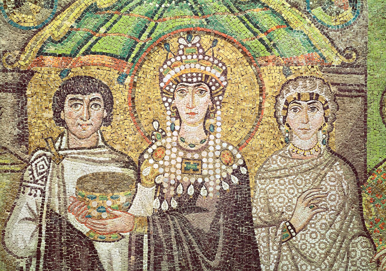 Kejsarinnan Theodora med sitt hov av två ministrar och sju kvinnor, ca 547 AD (mosaik) (detalj) av Byzantine School