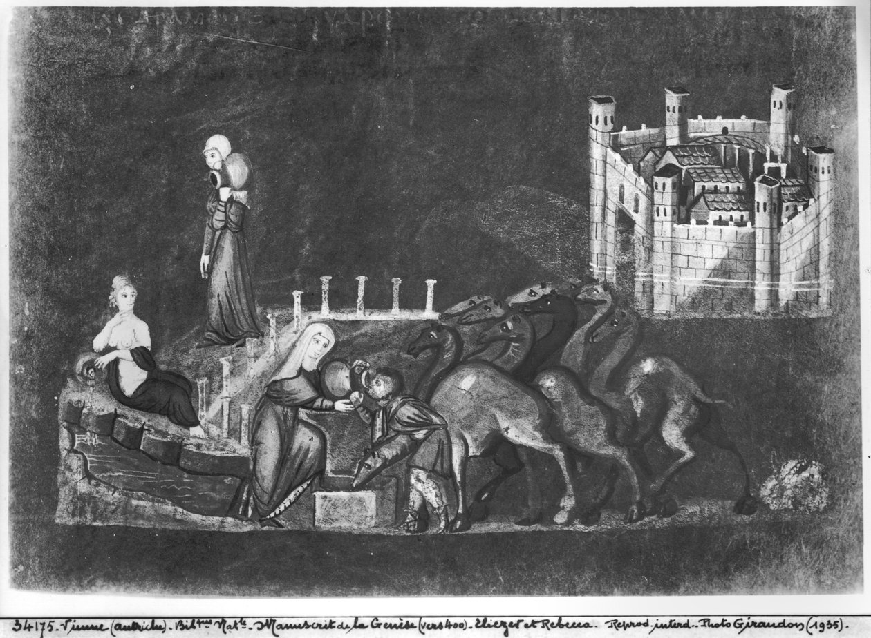 Gr 31 fol.7r Rebecca och Eliezer vid brunnen, från Wien Genesis av Byzantine School