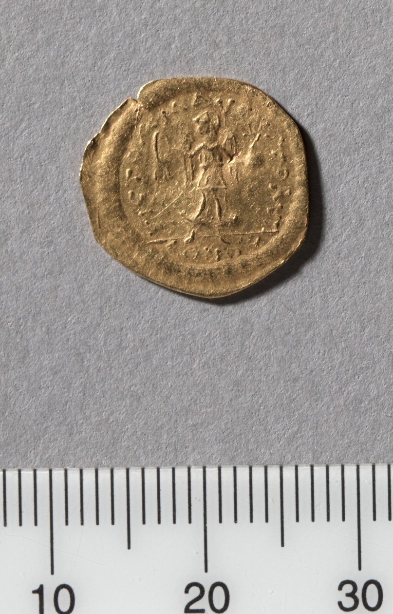 Half Tremissis av Justinian I, Konstantinopel, 527-565 (guld) av Byzantine School