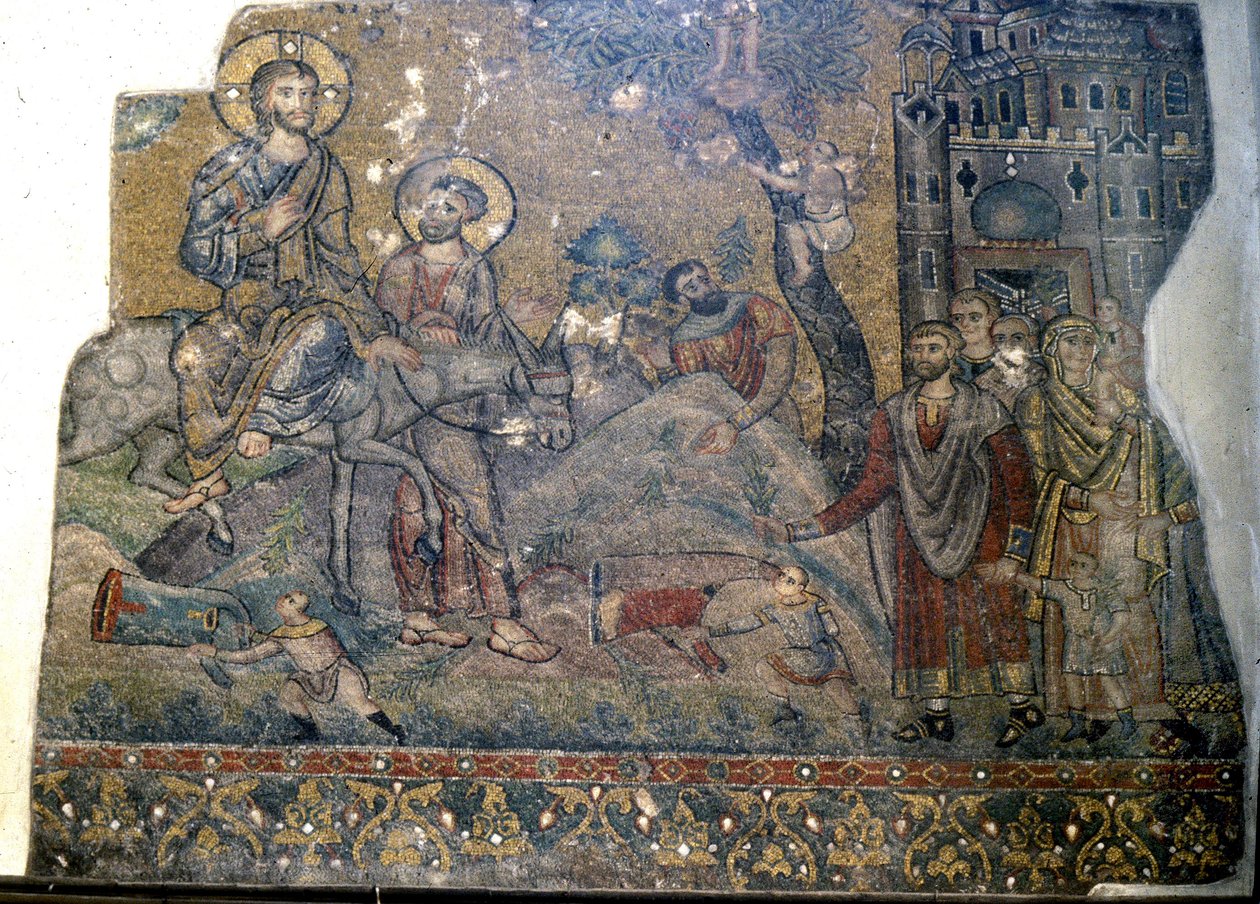 Jesus på väg in i Jerusalem på palmsöndagen, Födelsekyrkan, Betlehem (mosaik) av Byzantine School