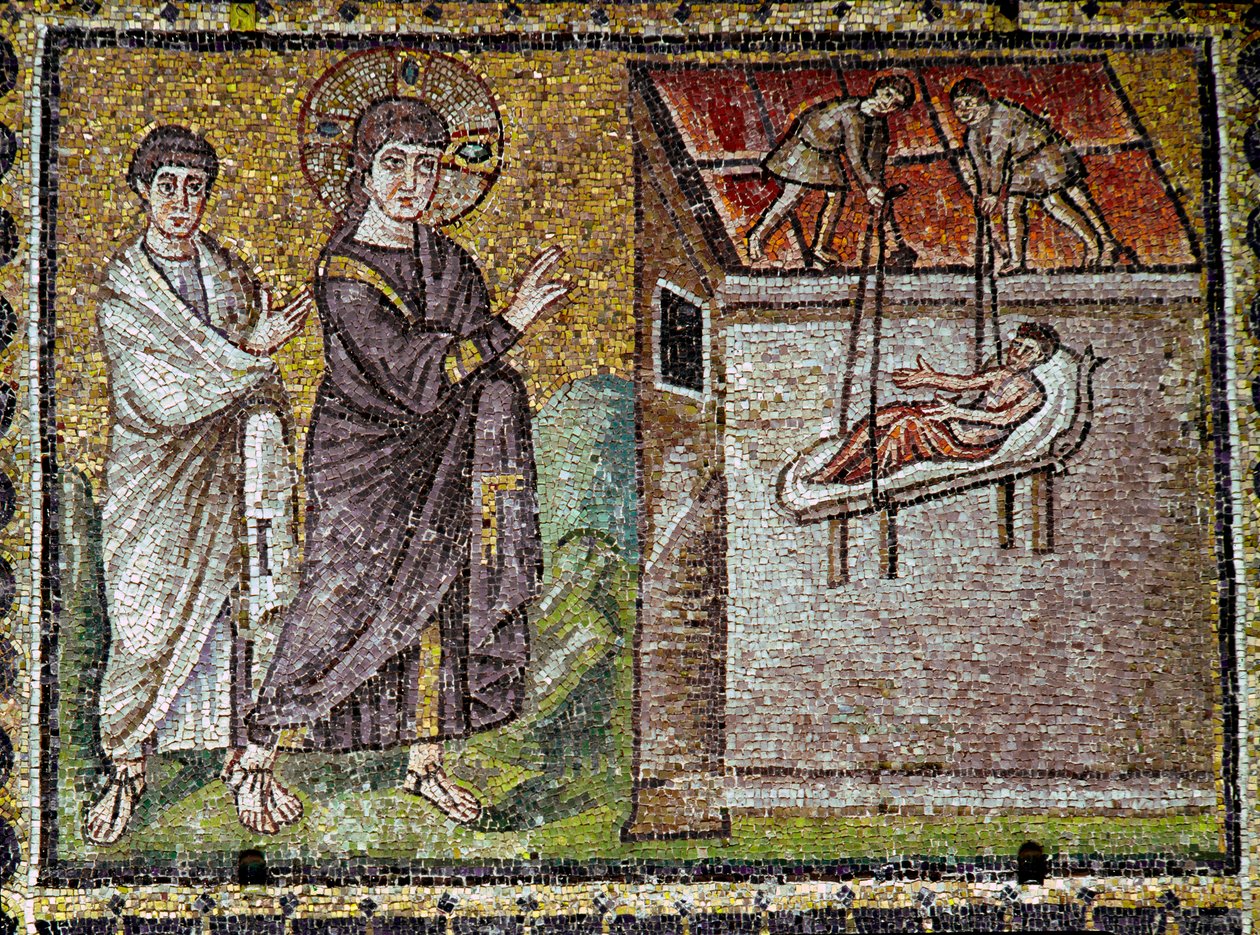 Jesus bekämpade mirakulöst en förlamning vid Kapernaums mosaik på 600-talet. Basilica of Saint Apollinaire the Nine of Ravenna (Sant