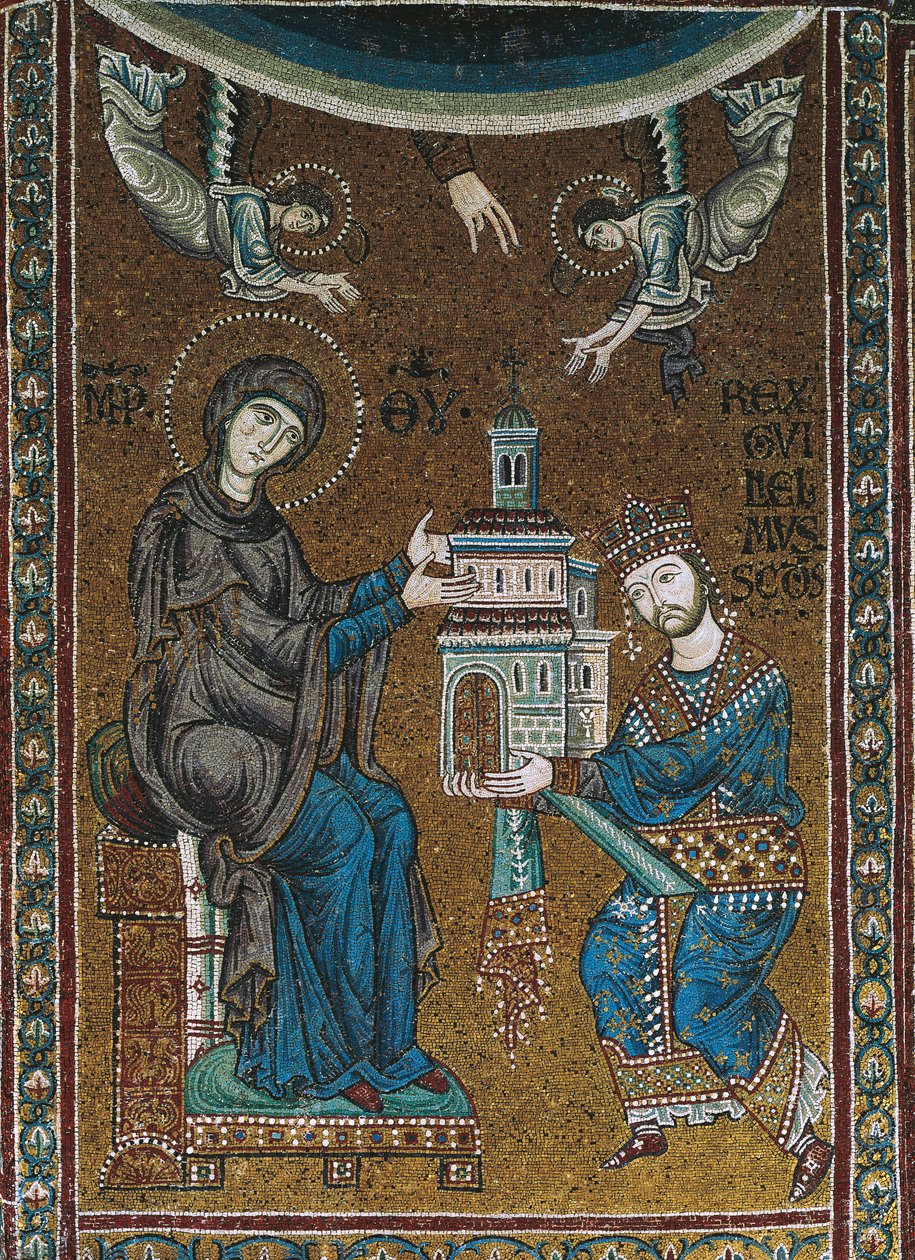 Kung Vilhelm II av Sicilien erbjuder kyrkan Monreale till Jungfrun (mosaik) av Byzantine School