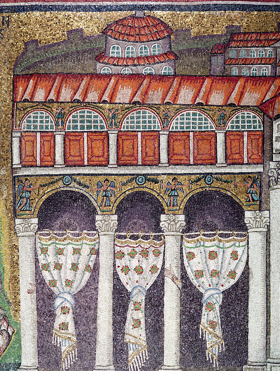 Vänster flygeln av Palazzo di Teodorico, 527-99 (mosaik) (detalj av 224988) av Byzantine School