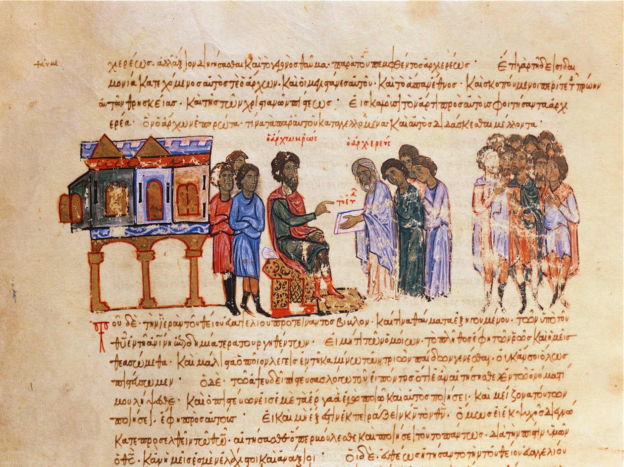 MMS Vitr 26-7 ambassadör från Kiev skickad av kung Vladimir (978-1015) berättas om kristendomen av en bysantinsk biskop, från Madrid Skylitzes av Byzantine School