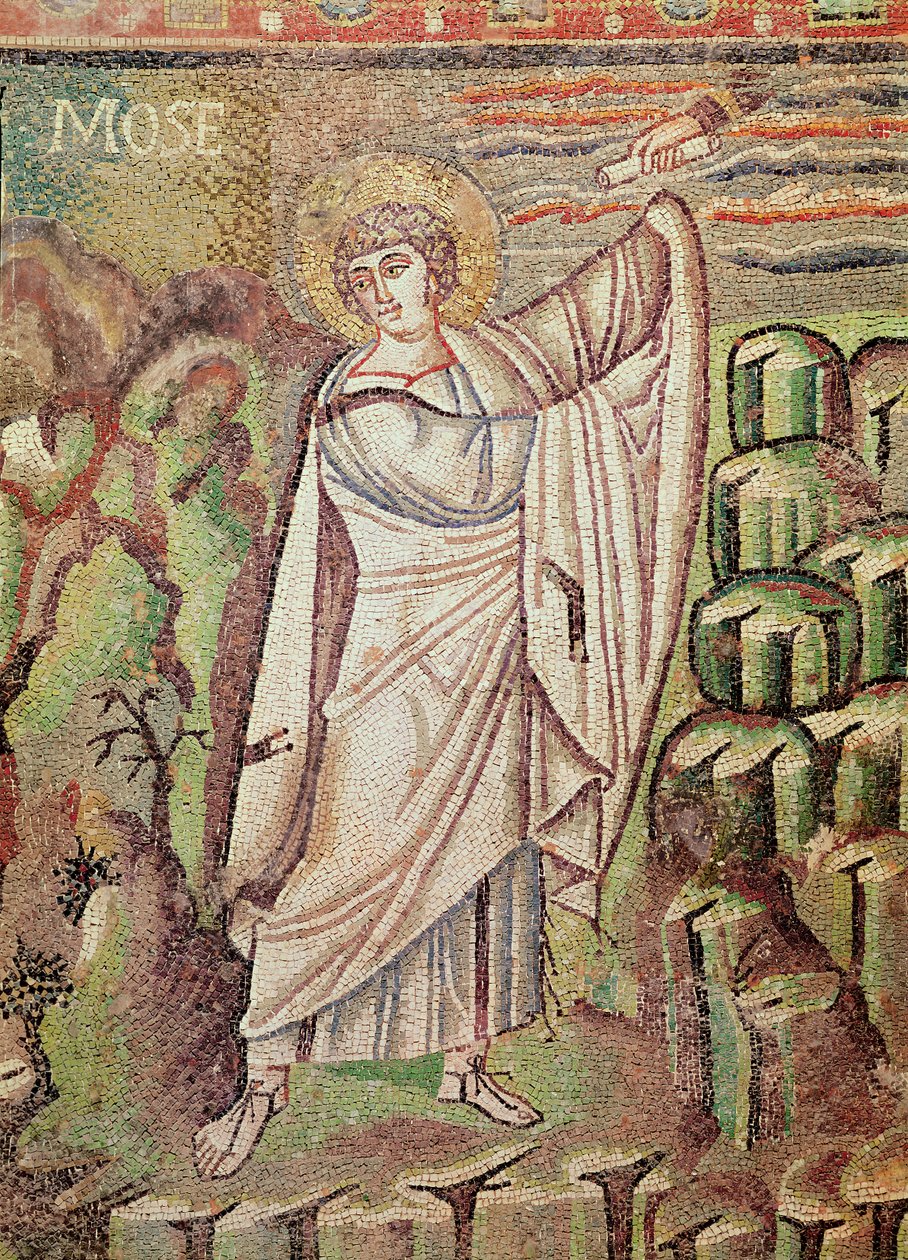 Moses på berget Sinai, figur ovanför lunetten som visar Abrahams gästfrihet och Isaks offer, 600-talet (mosaik) (detalj av 154709) av Byzantine School