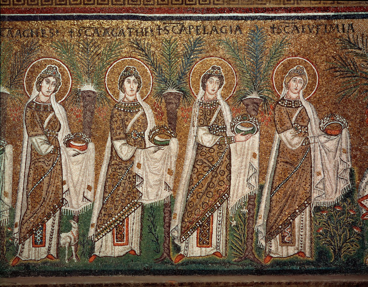 Procession av jungfrur (Detalj av mosaik, 600-talet) av Byzantine School
