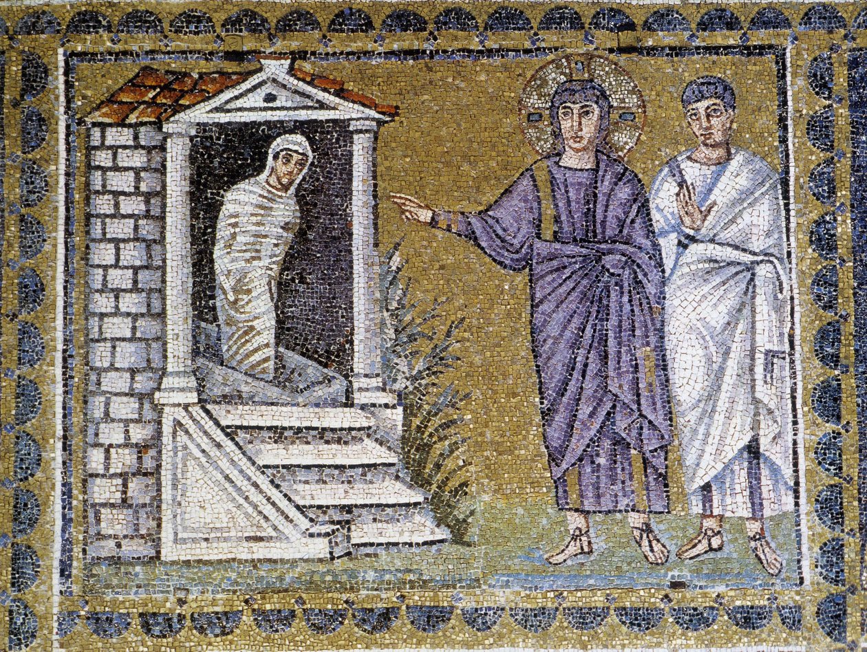 Lazarus uppståndelse, väggmosaik i kyrkan Saint Apollinar, Ravenna, 600-talet. av Byzantine School