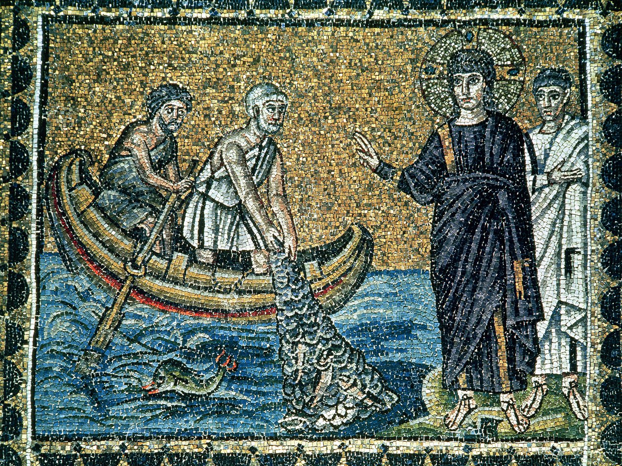 St. Andreas och St. Peter svarar på Jesu kallelse, från huvudskeppet (mosaik) av Byzantine School