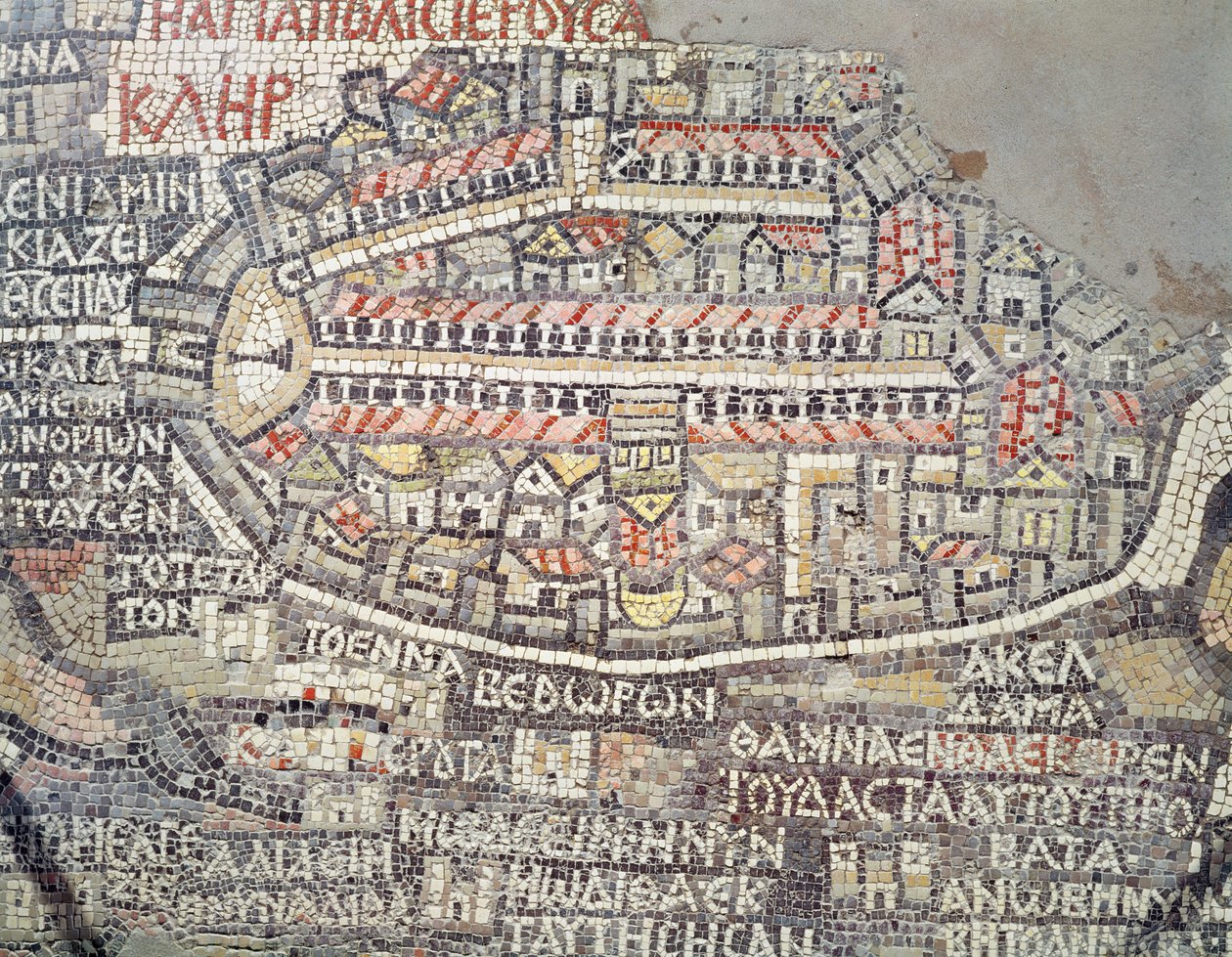 Staden Jerusalem och det omgivande området, detalj från Madabas mosaikkarta, bysantinskt, 600-talet (mosaik) av Byzantine School