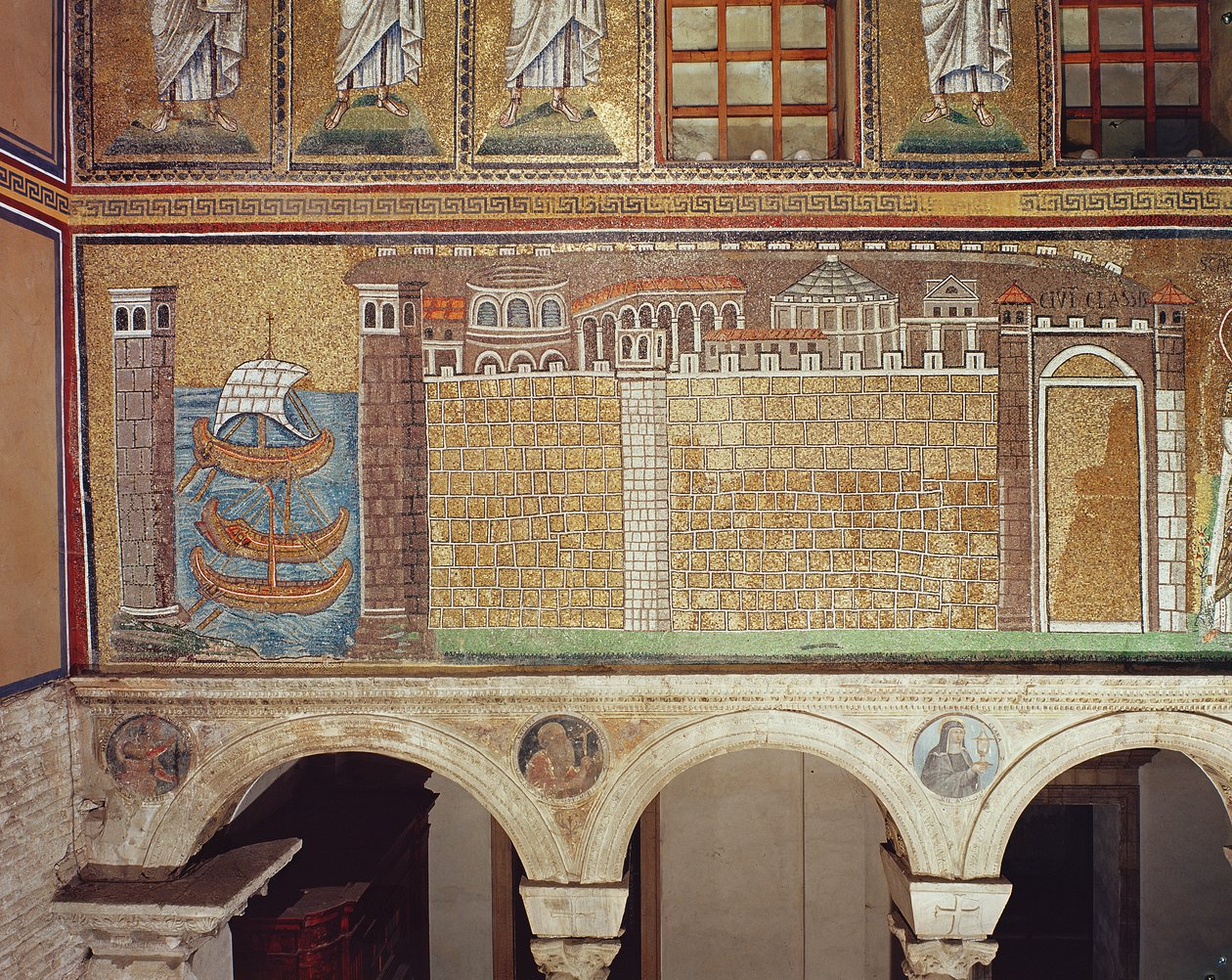 Flottan i hamnen i Ravenna, 535-38 AD (mosaik) av Byzantine School