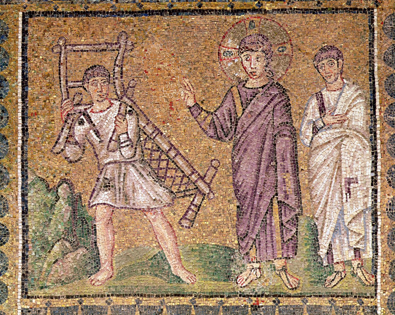 Healing of the paralytic of Kafernaum, scener ur Kristi liv (mosaik) av Byzantine School