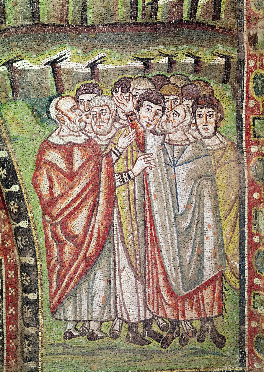 Det hebraiske folk, detalje fra Abrahams gæstfrihed og Isaks ofring, 6. århundrede (mosaik) svensk av Byzantine School