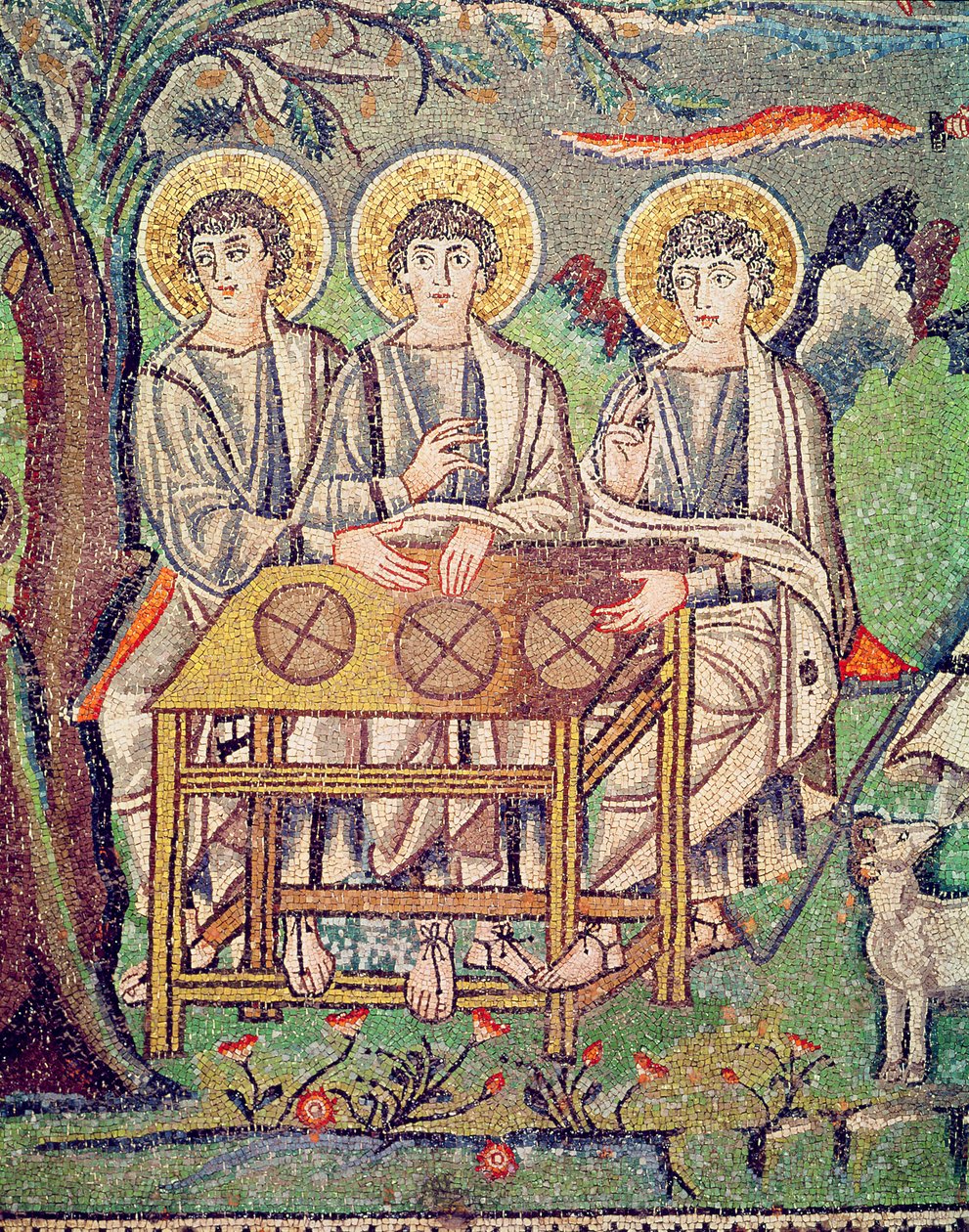 De tre änglarna, detalj av Abrahams gästfrihet och Isaks offer, 600-talet (mosaik) (se 154709) av Byzantine School