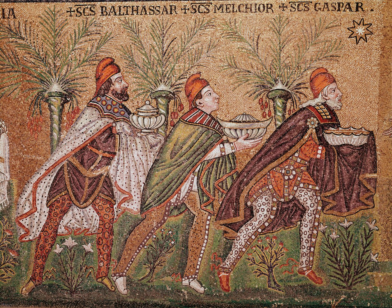 Tillbedjan av de vise männen (detalj av mosaik, 600-talet) av Byzantine School