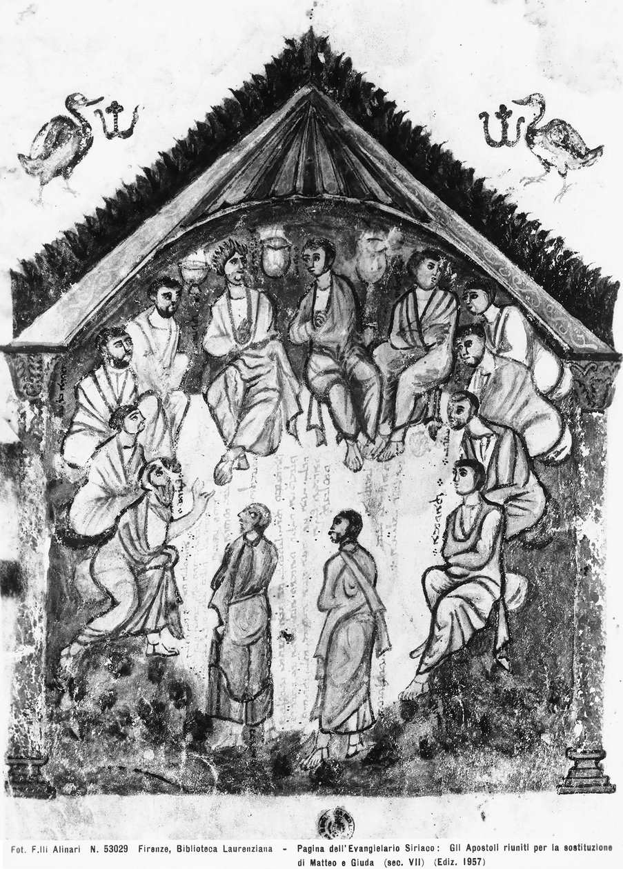 Apostlarna samlades för att ersätta Judas med Matthias, folio från Rabula-evangelierna, 586 AD (tempera på vellum) av Byzantine School