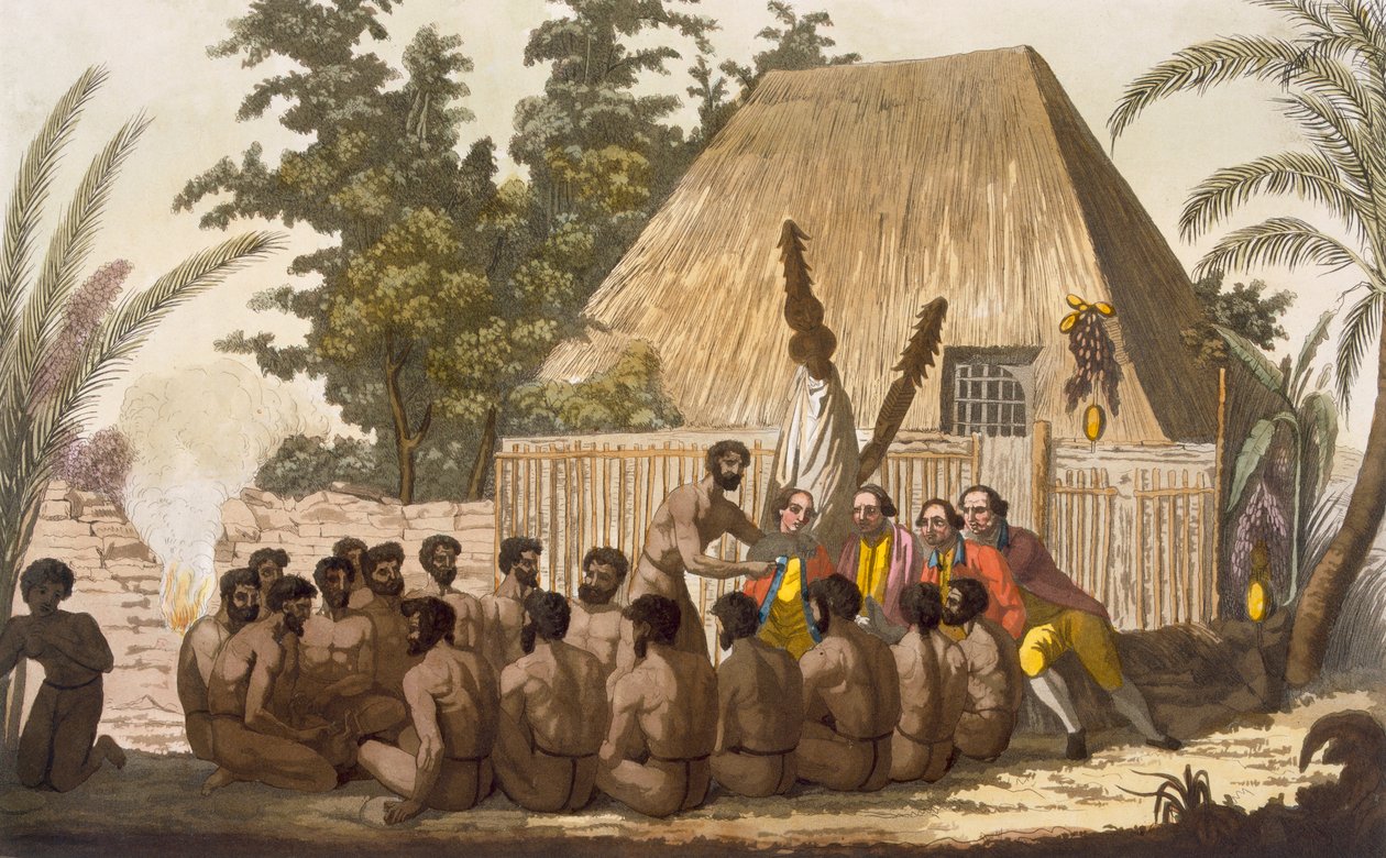En offergåva inför kapten Cook, som erkänner honom som en inkarnation av guden Lomo, januari 1779, graverad av Angelo Biasioli av C. Bottigella
