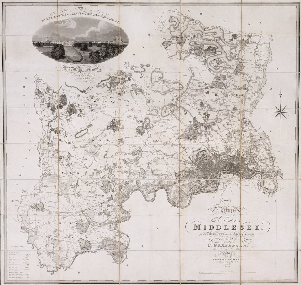 Karta över grevskapet Middlesex, publicerad 1819 (tryck) av C. Greenwood