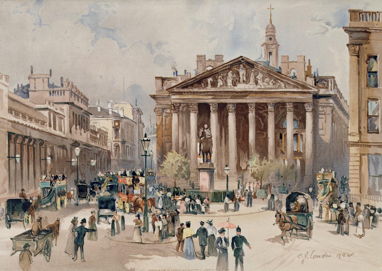 Vy över Royal Exchange, City of London, publicerad av G. Rowney, 1897 (kromolitografi). av C. J. Lander