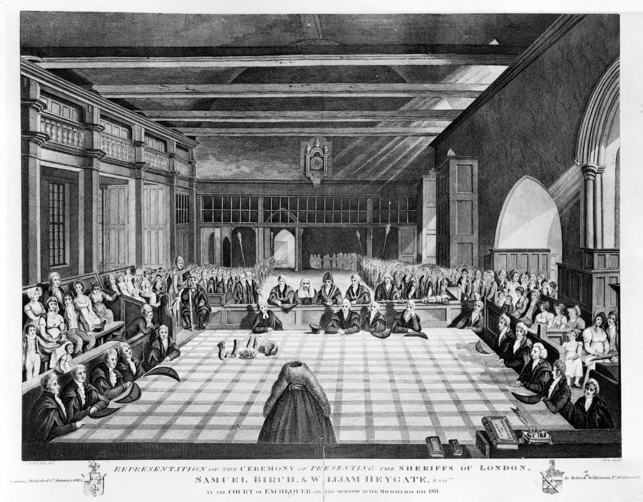 Representation av presentationsceremonin för sherifferna i London, Samuel Birch och William Heygate Esqs. i statskassan på morgonen efter Mikaelsdagen 1811, tryck av James S av C. John Mayle Whichelo
