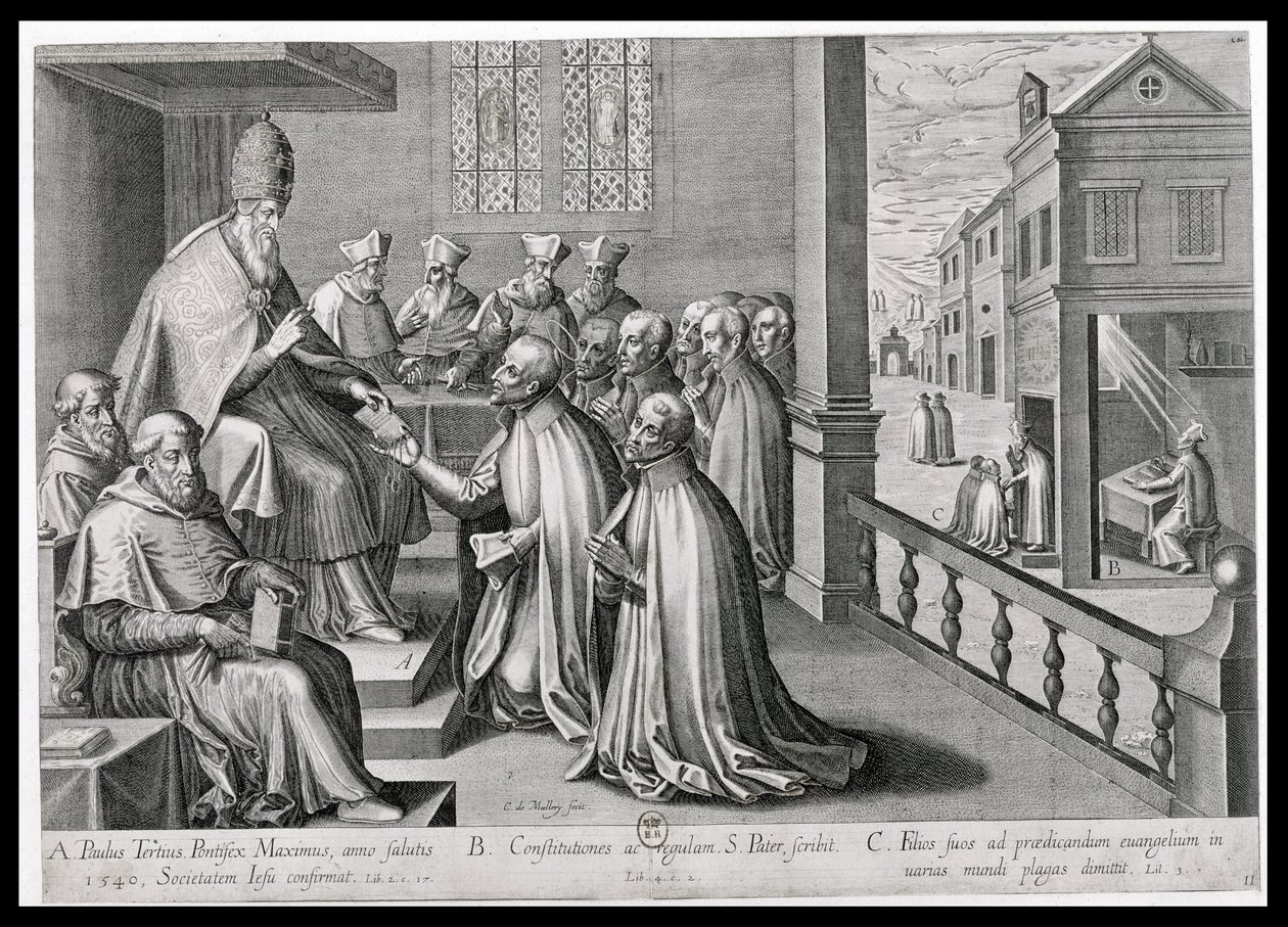 Påven Paulus III (1468-1549) tar emot Jesu sällskaps regel, 1540 av C. Malloy