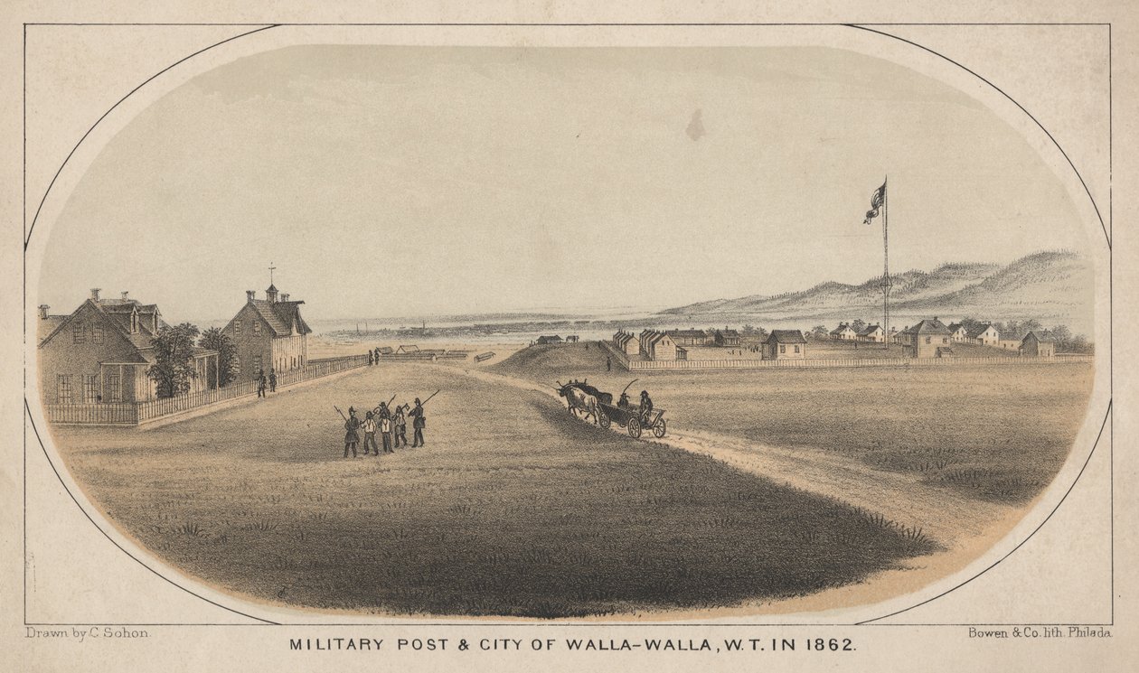Militärposten och staden Walla-Walla, W.T. 1862, 1863 av C. Sohon