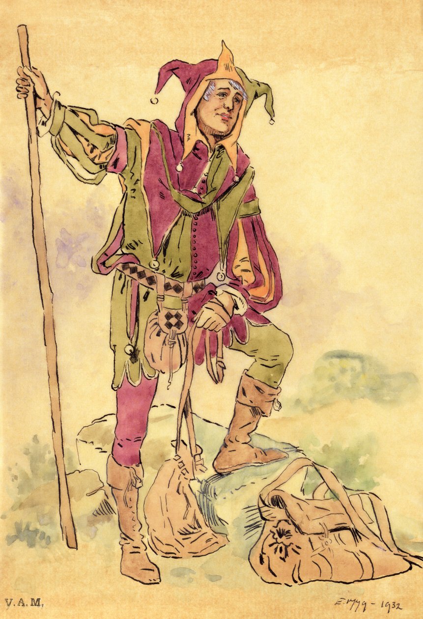Kostymdesign för en narr i En midsommarnattsdröm c.1881-93 av C. Wilhelm