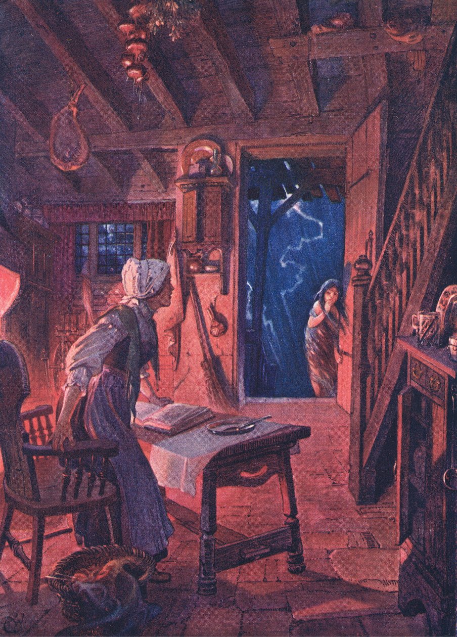 Dörren flög upp och på tröskeln såg den förskräckta kvinnan en ung flicka, från puben The Child of the Air av Duckworth, 1910 av C. Wilhelm