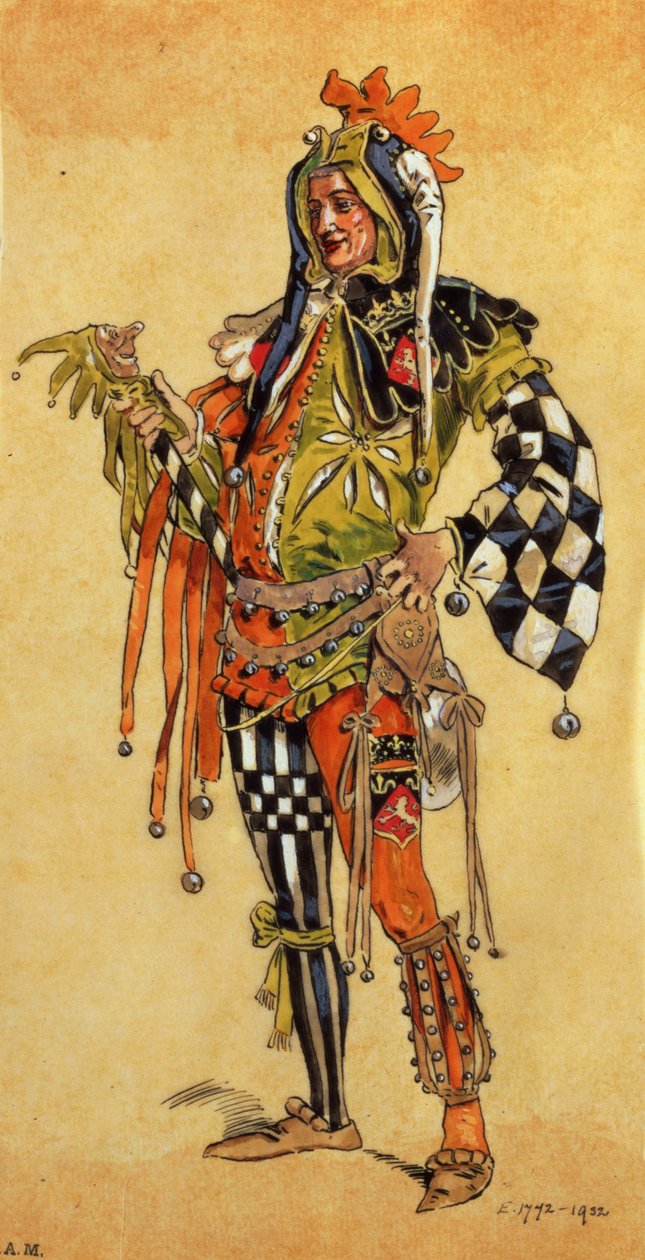 Touchstone the Clown, kostymdesign för As You Like It, producerad av R. Courtneidge på Princes Theatre, Manchester av C. Wilhelm
