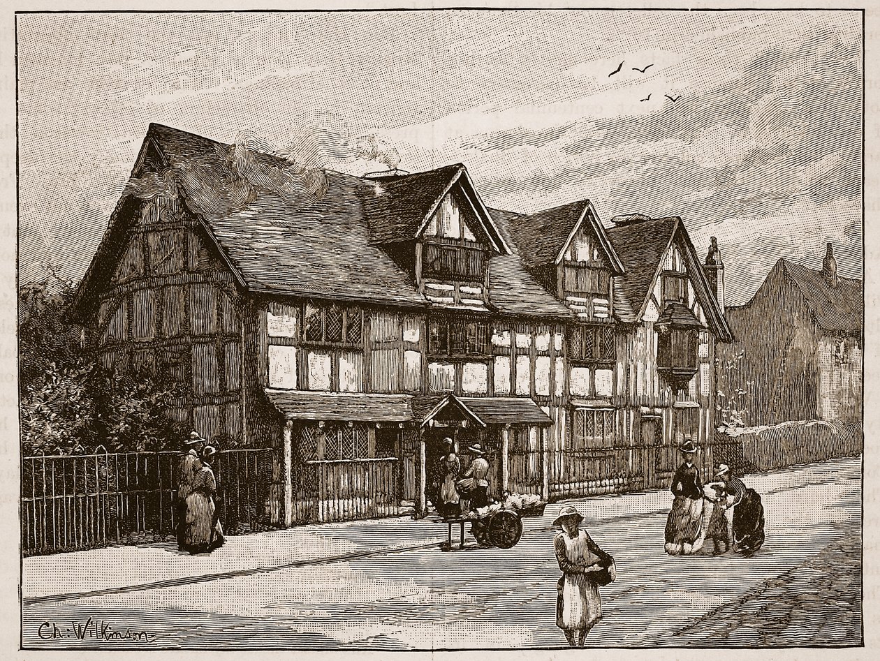 Huset i Stratford-on-Avon, där Shakespeare föddes, illustration från 