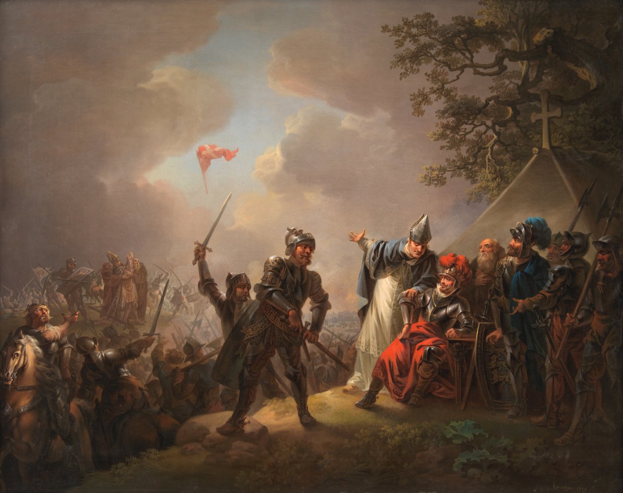 Legenden om den danska flaggan (Dannebrog) som faller från himlen under slaget vid Lyndanisse (Tallinn) i Estland 1219 av C.A. Lorentzen