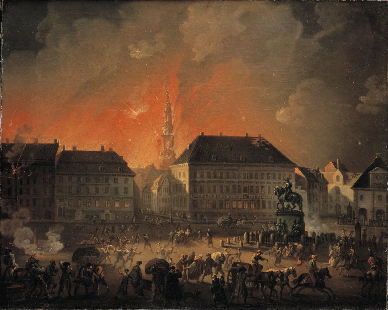 Den mest fruktansvärda natten. Utsikt över Kongens Nytorv i Köpenhamn under det engelska bombardementet av Köpenhamn på natten mellan 4 och 5 september 1807 av C.A. Lorentzen