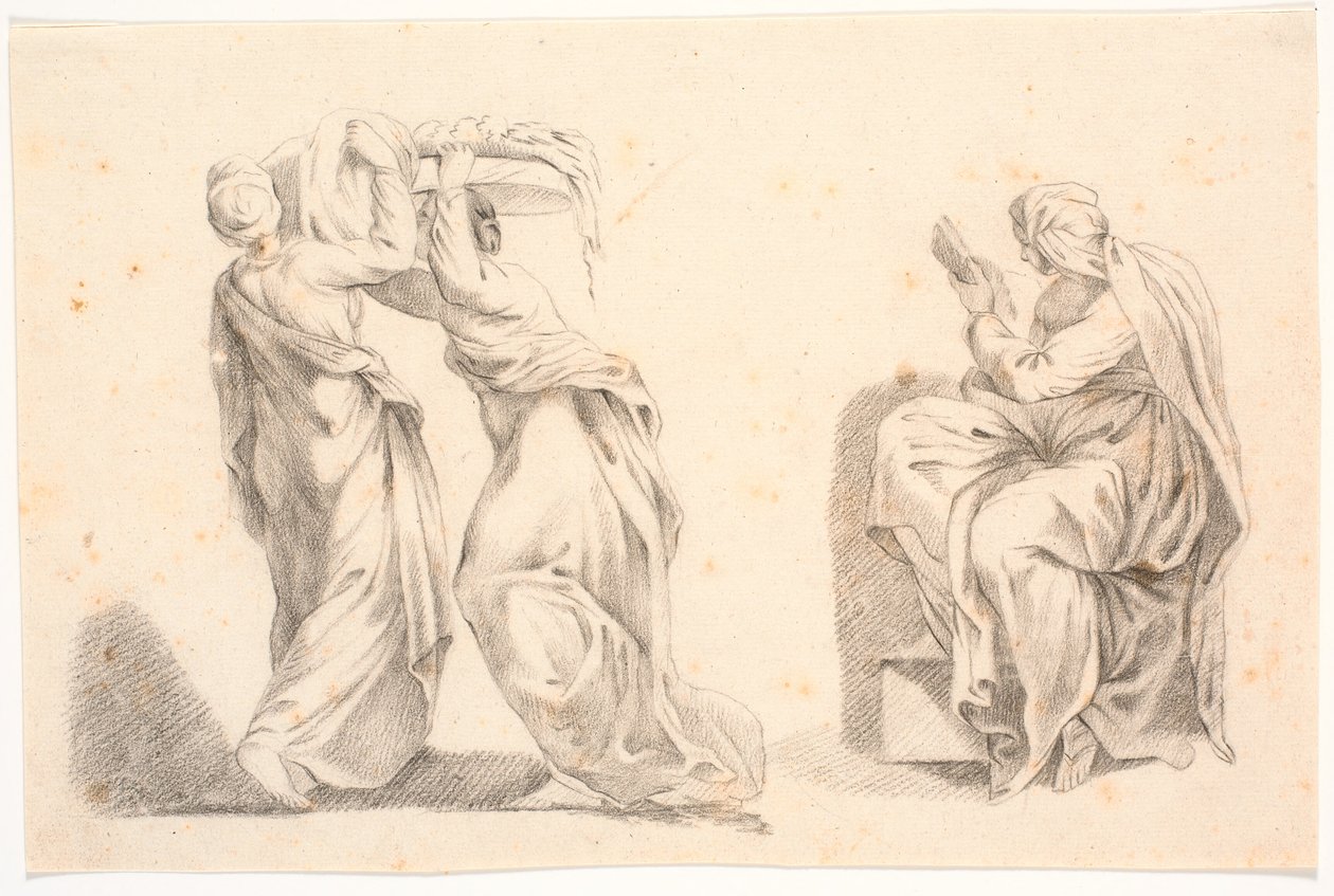 Två kvinnor i klassiska dräkter som bär en korg och en sibylla efter Michelangelo av C.A. Lorentzen