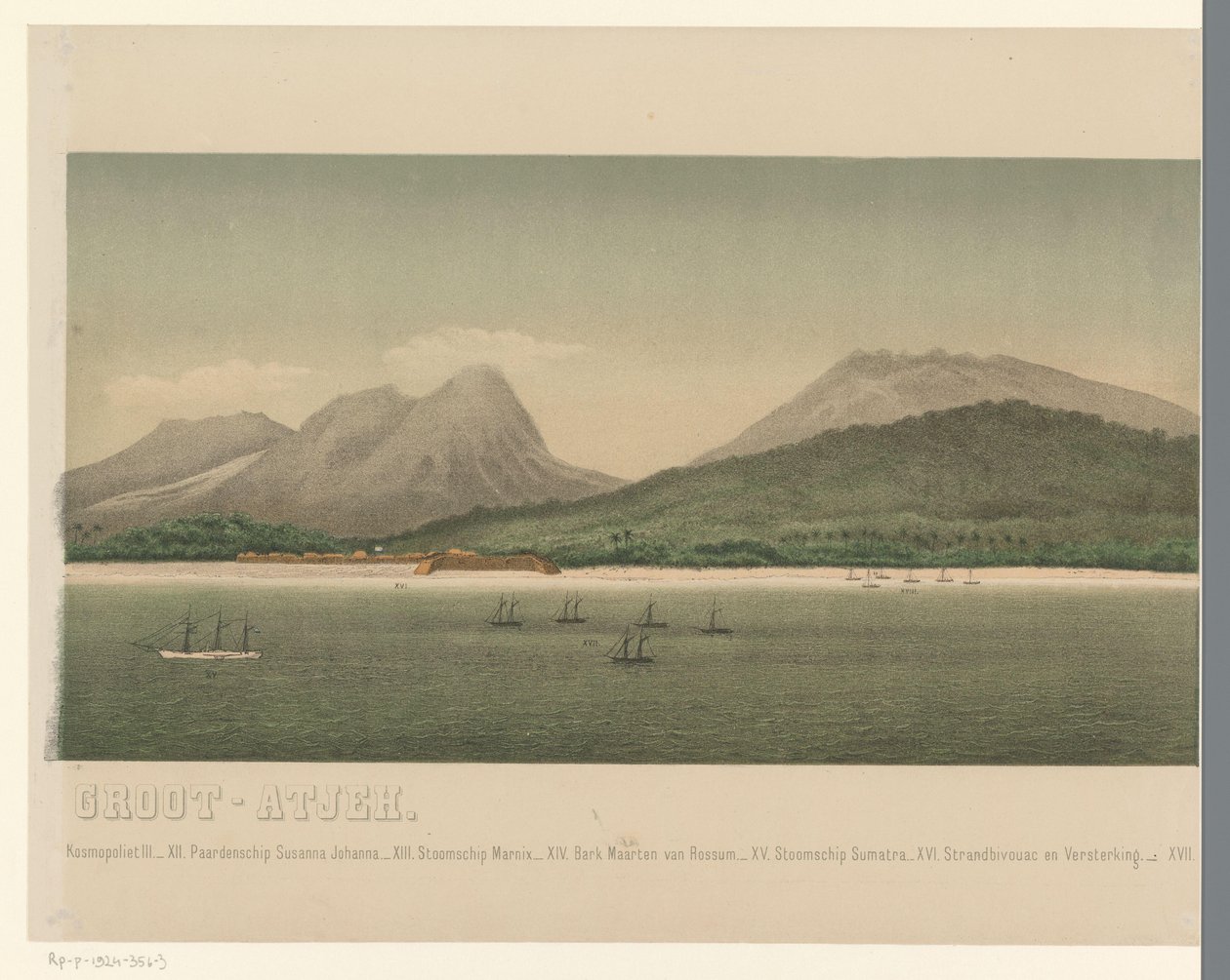 Utsikt över Greater Acehs kust, med flottan från den första Aceh-expeditionen utanför kusten, del tre The Greater Aceh Road (titel på objekt) av C.A. Whitten