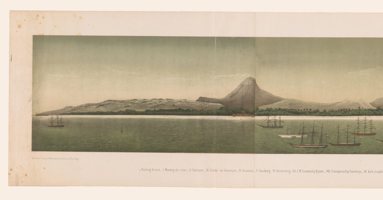 Utsikt över Greater Acehs kust, med flottan från den första Aceh-expeditionen, bestående av fyra delar, utanför kusten Roadstead of Great Aceh (titel på objekt) av C.A. Whitten