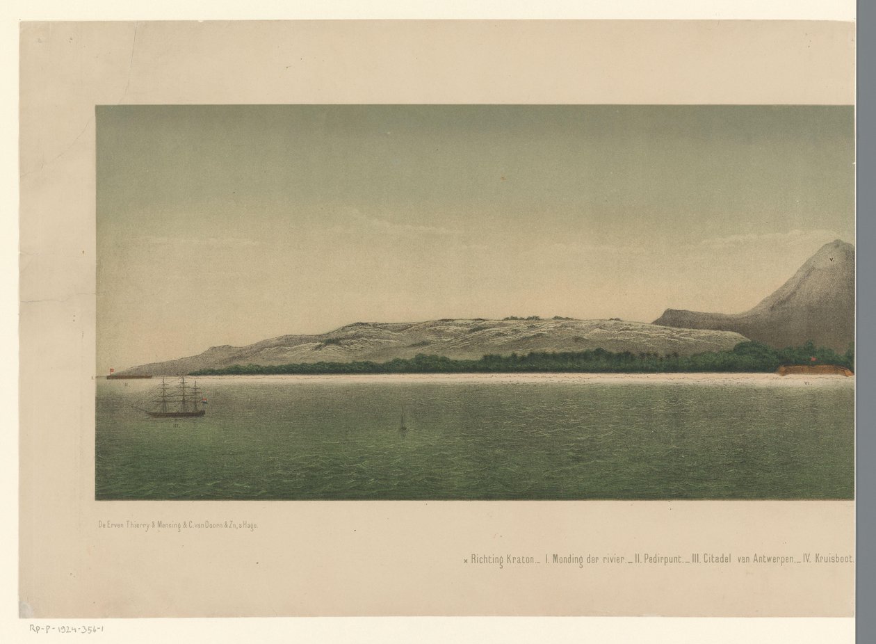 Utsikt över Greater Acehs kust, med flottan från den första Aceh-expeditionen utanför kusten, del ett Roadstead of Great Aceh (titel på objekt) av C.A. Whitten