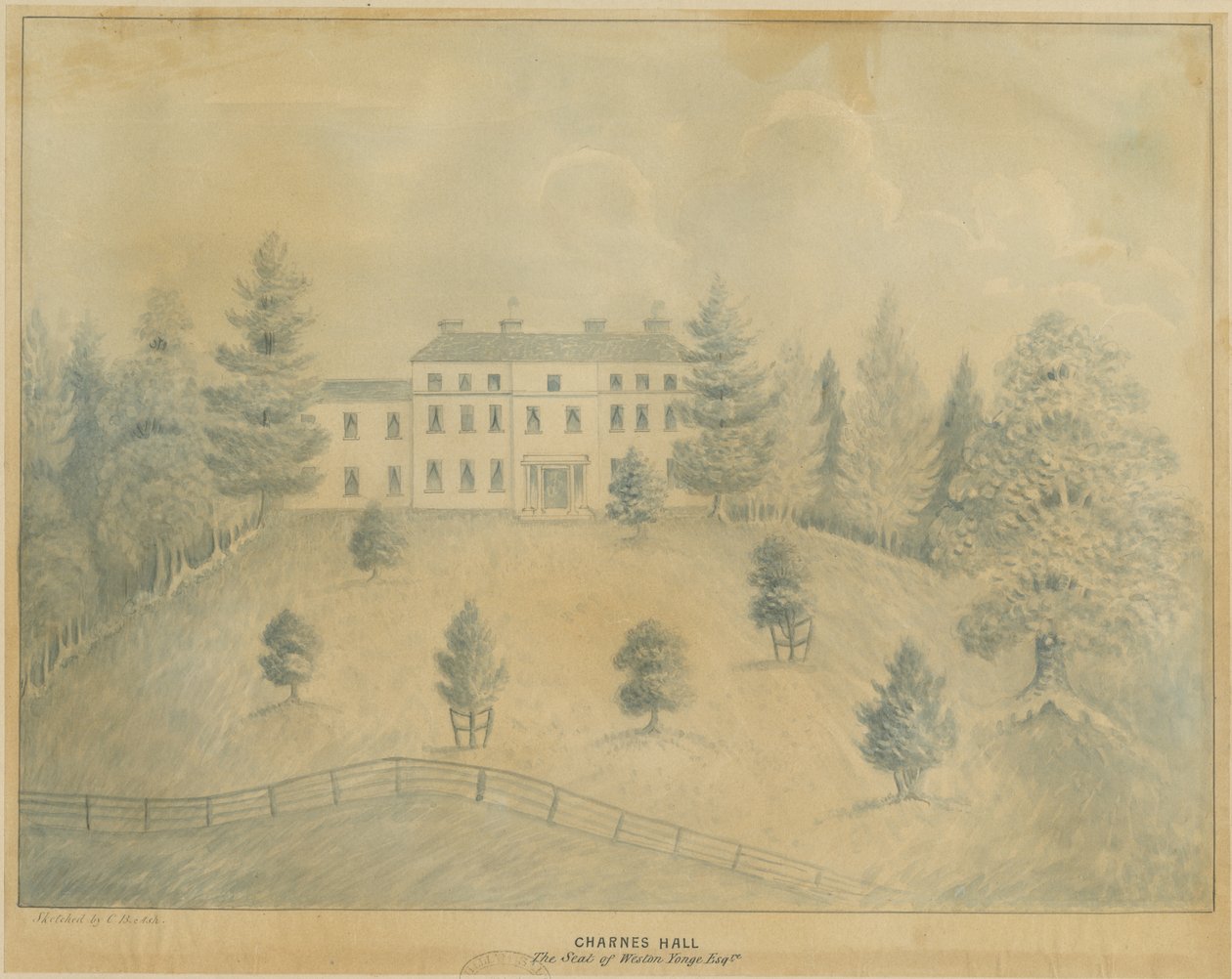 Charnes Hall: penn- och tvättteckning, nd [1800-talet] av C.B Ash