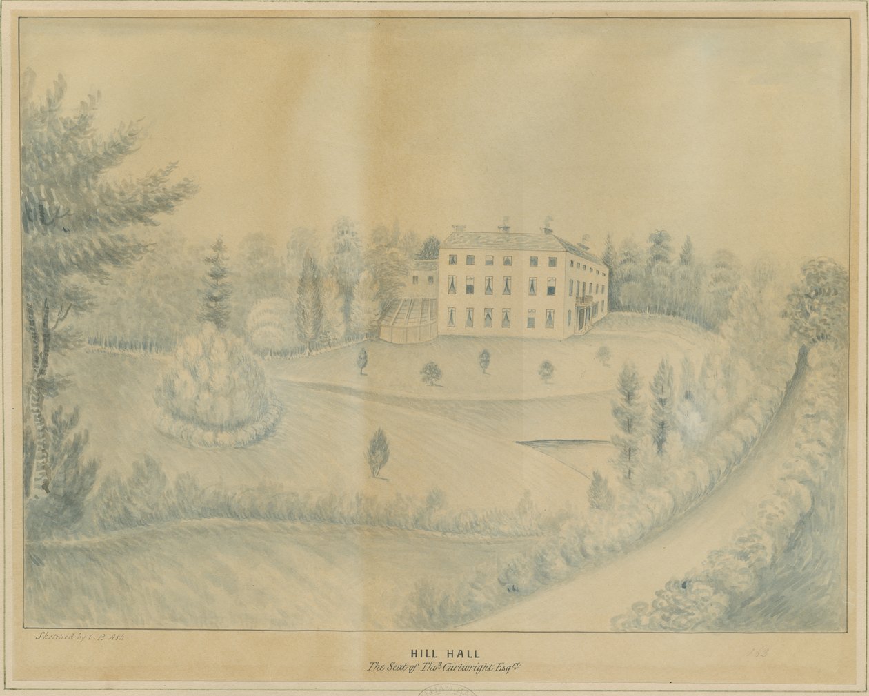 High Offley - Hill Hall: ritning med blyerts och tvätt, nd [c 1840] av C.B Ash
