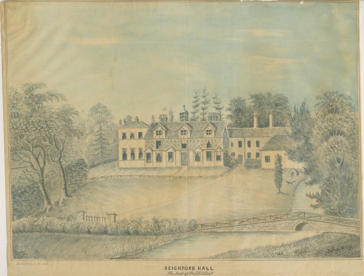 Seighford Hall: färgad tvättteckning och [mitten av 1800-talet] av C.B Ash