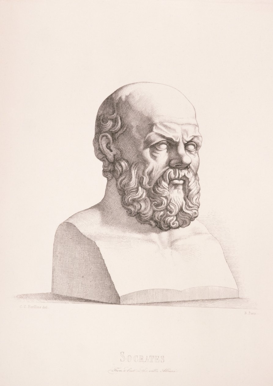 Porträtt av Sokrates (c.470-399 f.Kr.) graverad av B. Barloccini, 1849 av C.C Perkins