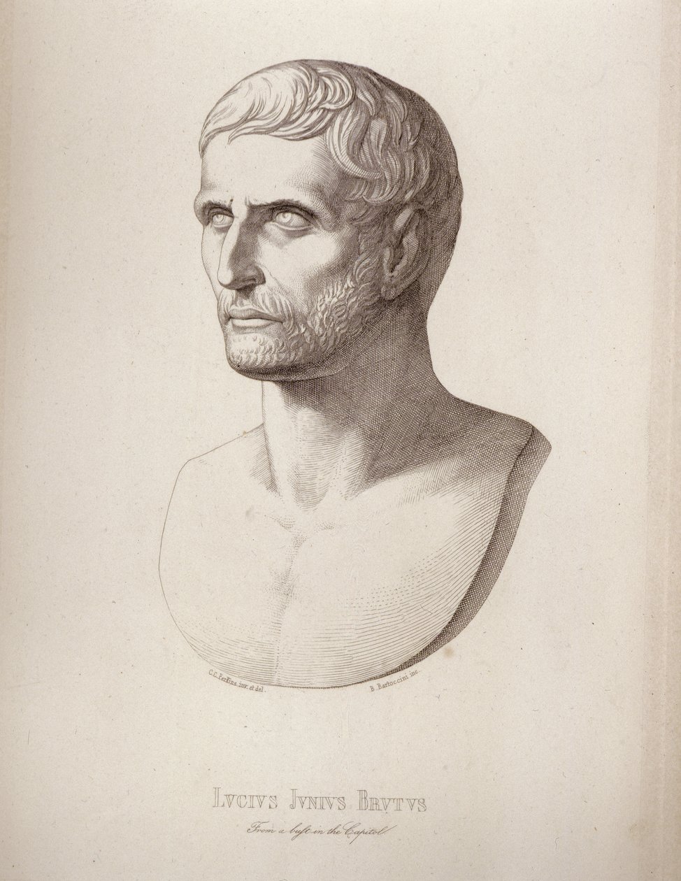 Porträtt av Lucius Junius Brutus, graverad av B. Barloccini, 1849 av C.C Perkins