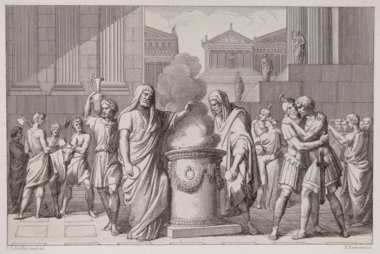 Mötet mellan Camillus och Manlius efter gallernas reträtt, graverad av B. Barloccini, 1849 av C.C Perkins