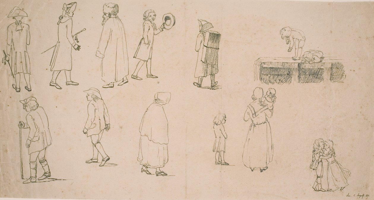 Olika figurer, bl.a 2 grupper med lekfulla barn och "porträttmålaren Hansen" av C.D. Fritzsch