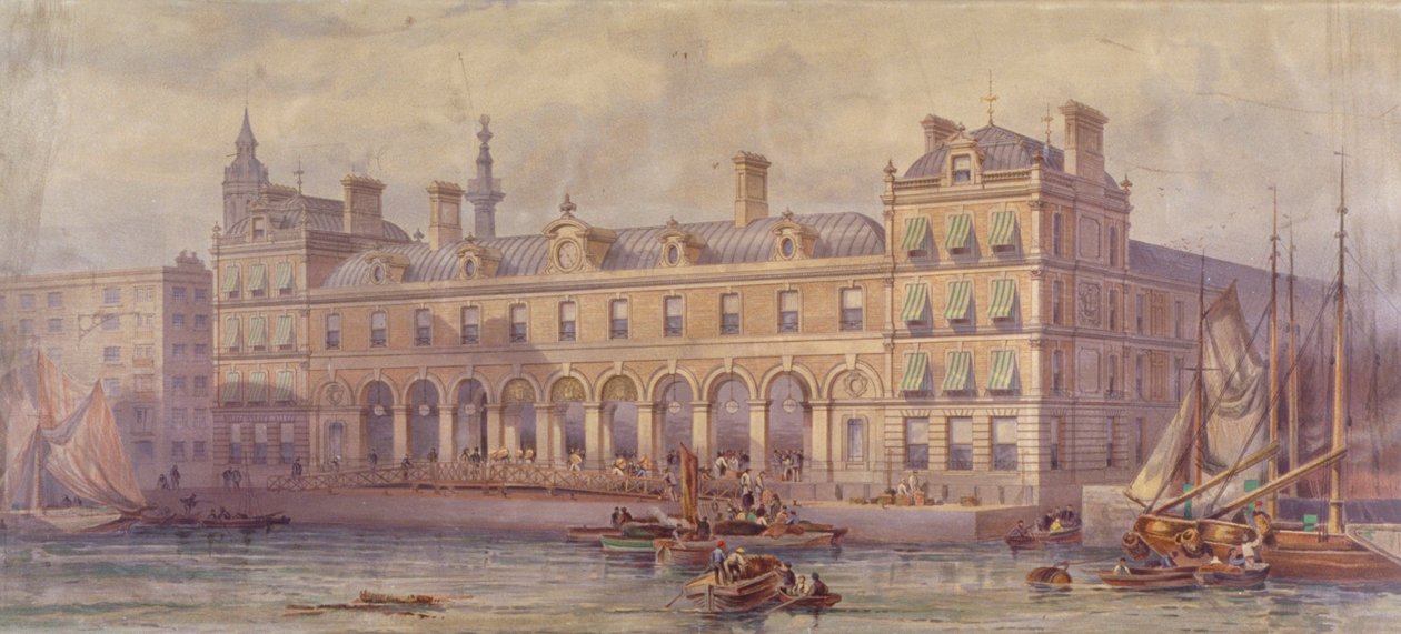 Utsikt över Billingsgate Market med figurer och båtar i förgrunden, London, 1877 av CF Kell