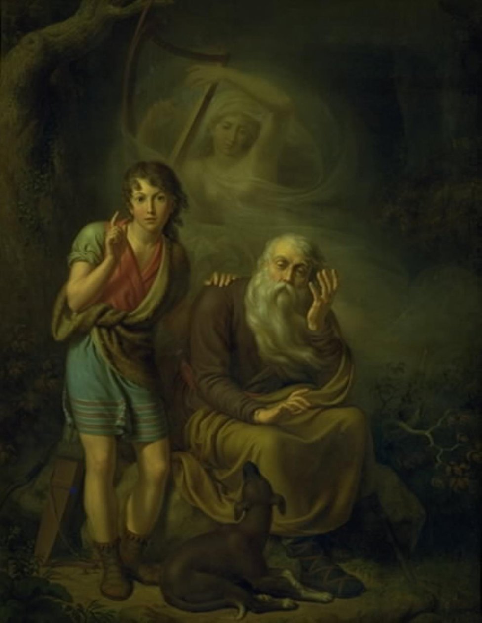 Ossian och Alpins son som hör Malvinas ande vidröra harpan. Illustrerande Ossians svansång av C.G. Kratzenstein Stub